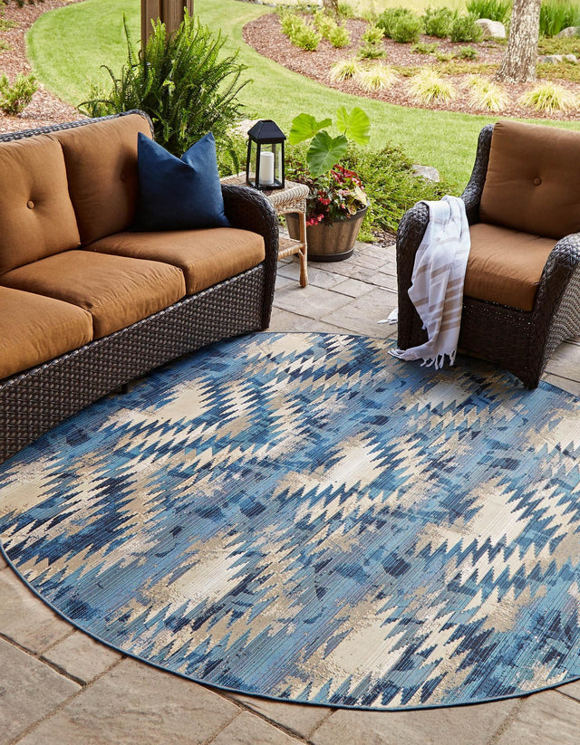 Blue 8' x 8' Outdoor Modern Round Area Rug Weather Resistant for Patio, Deck, Terrace, Balcony, Porch 100% Polypropylene Modern Outside Carpet for Sale at Rug Engine