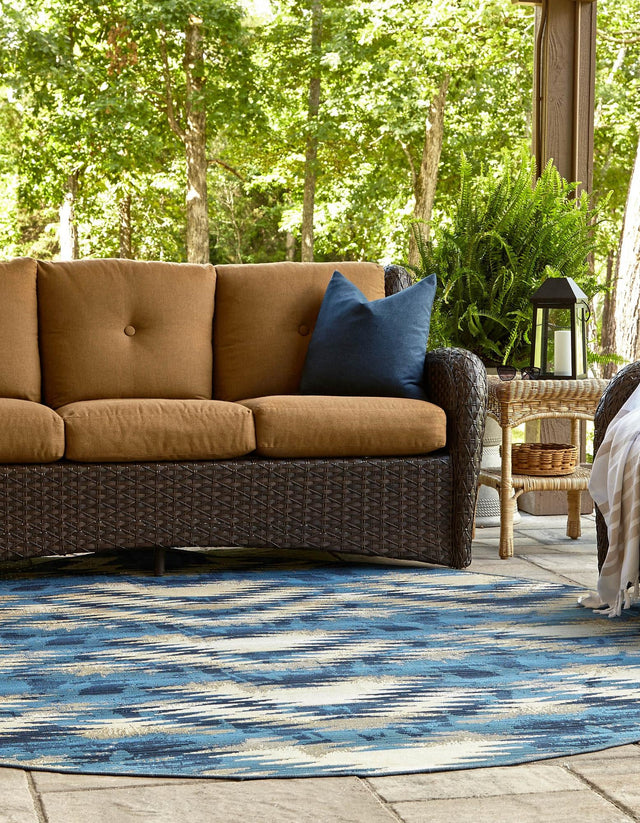 Blue 8' x 8' Outdoor Modern Round Area Rug Weather Resistant for Patio, Deck, Terrace, Balcony, Porch 100% Polypropylene Modern Outside Carpet for Sale at Rug Engine