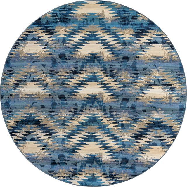 Blue 8' x 8' Outdoor Modern Round Area Rug Weather Resistant for Patio, Deck, Terrace, Balcony, Porch 100% Polypropylene Modern Outside Carpet for Sale at Rug Engine