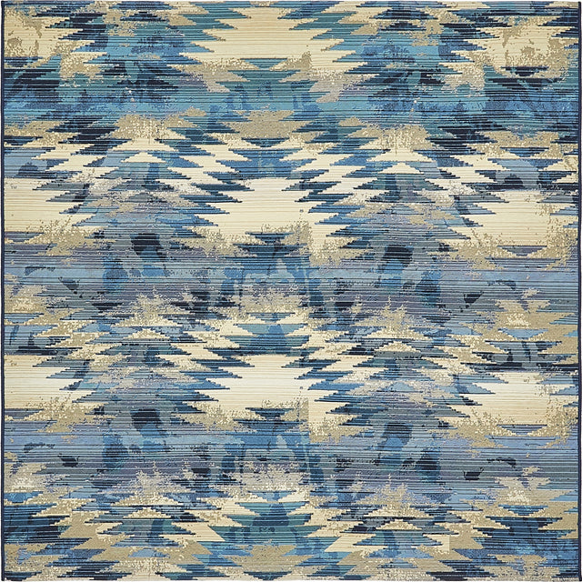 Blue 6' 1 x 6' 1 Outdoor Modern Square Area Rug Weather Resistant for Patio, Deck, Terrace, Balcony, Porch 100% Polypropylene Modern Outside Carpet for Sale at Rug Engine