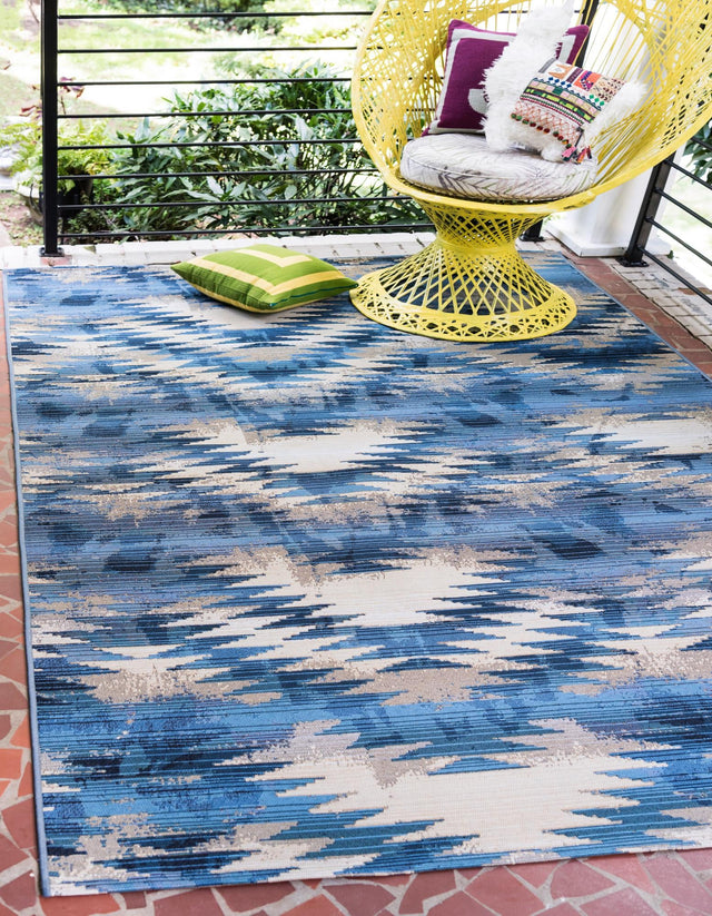 Blue 8' x 11' 4 Outdoor Modern Rectangle Area Rug Weather Resistant for Patio, Deck, Terrace, Balcony, Porch 100% Polypropylene Modern Outside Carpet for Sale at Rug Engine