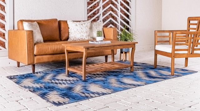Blue 8' x 11' 4 Outdoor Modern Rectangle Area Rug Weather Resistant for Patio, Deck, Terrace, Balcony, Porch 100% Polypropylene Modern Outside Carpet for Sale at Rug Engine