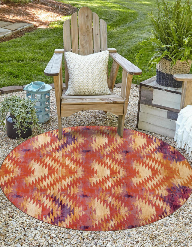 Red 8' x 8' Outdoor Modern Round Area Rug Weather Resistant for Patio, Deck, Terrace, Balcony, Porch 100% Polypropylene Modern Outside Carpet for Sale at Rug Engine