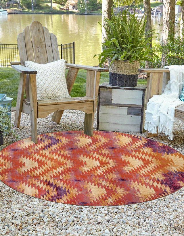 Red 8' x 8' Outdoor Modern Round Area Rug Weather Resistant for Patio, Deck, Terrace, Balcony, Porch 100% Polypropylene Modern Outside Carpet for Sale at Rug Engine