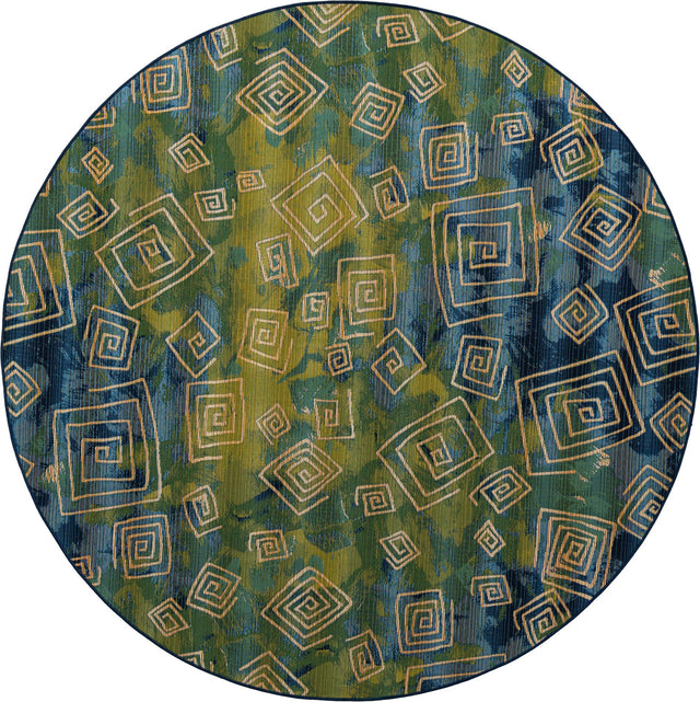 Blue 8' x 8' Outdoor Modern Round Area Rug Weather Resistant for Patio, Deck, Terrace, Balcony, Porch 100% Polypropylene Modern Outside Carpet for Sale at Rug Engine