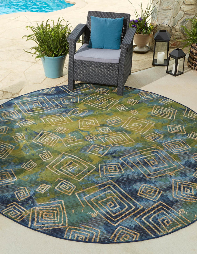 Blue 8' x 8' Outdoor Modern Round Area Rug Weather Resistant for Patio, Deck, Terrace, Balcony, Porch 100% Polypropylene Modern Outside Carpet for Sale at Rug Engine