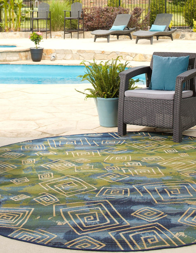 Blue 8' x 8' Outdoor Modern Round Area Rug Weather Resistant for Patio, Deck, Terrace, Balcony, Porch 100% Polypropylene Modern Outside Carpet for Sale at Rug Engine