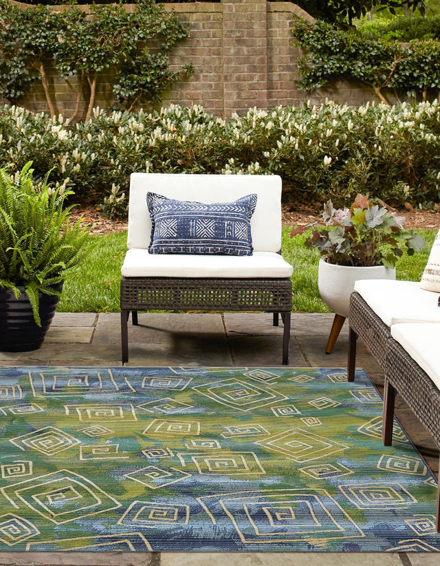 Blue 6' 1 x 6' 1 Outdoor Modern Square Area Rug Weather Resistant for Patio, Deck, Terrace, Balcony, Porch 100% Polypropylene Modern Outside Carpet for Sale at Rug Engine