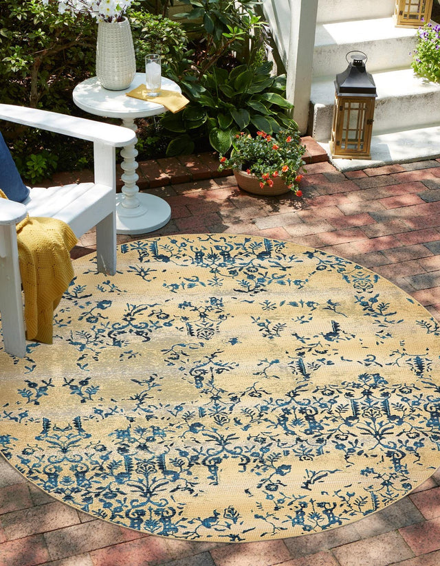 Beige 8' x 8' Outdoor Botanical Round Area Rug Weather Resistant for Patio, Deck, Terrace, Balcony, Porch Polypropylene Garden Floral Tropical Carpet for Sale at Rug Engine