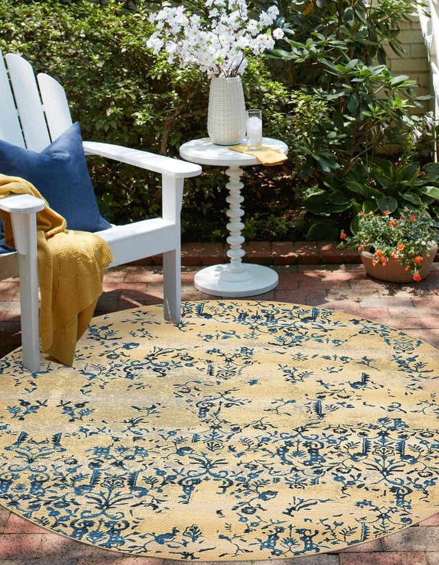 Beige 8' x 8' Outdoor Botanical Round Area Rug Weather Resistant for Patio, Deck, Terrace, Balcony, Porch Polypropylene Garden Floral Tropical Carpet for Sale at Rug Engine