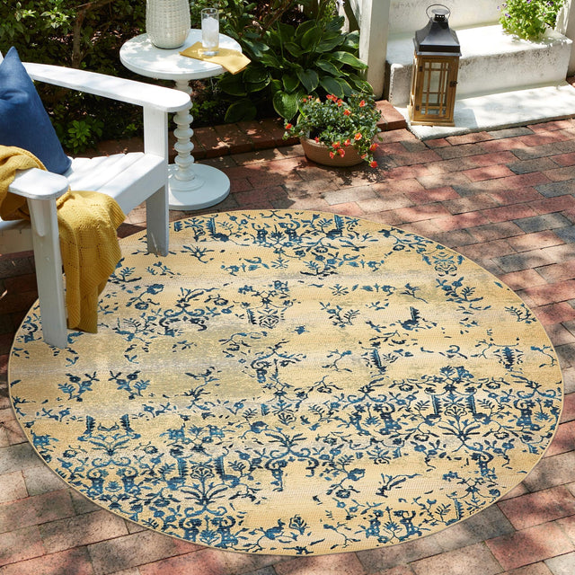 Beige 8' x 8' Outdoor Botanical Round Area Rug Weather Resistant for Patio, Deck, Terrace, Balcony, Porch Polypropylene Garden Floral Tropical Carpet for Sale at Rug Engine