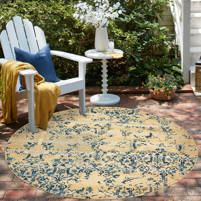 Beige 8' x 8' Outdoor Botanical Round Area Rug Weather Resistant for Patio, Deck, Terrace, Balcony, Porch Polypropylene Garden Floral Tropical Carpet for Sale at Rug Engine