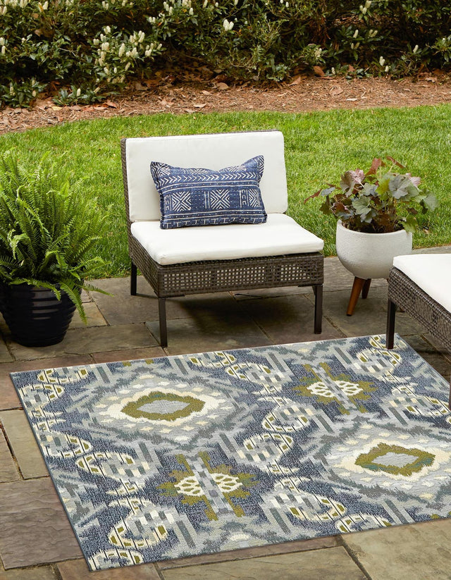 Blue 6' 1 x 6' 1 Outdoor Modern Square Area Rug Weather Resistant for Patio, Deck, Terrace, Balcony, Porch 100% Polypropylene Modern Outside Carpet for Sale at Rug Engine