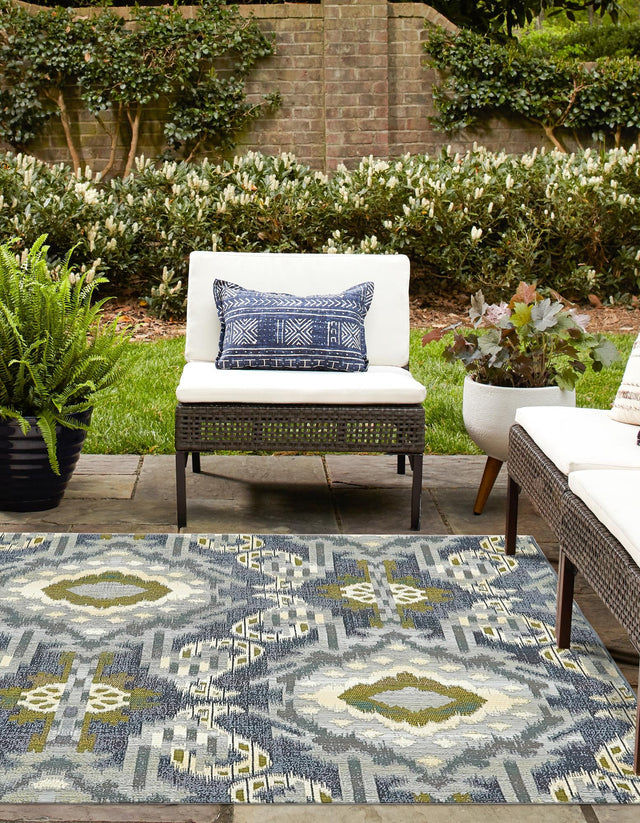 Blue 6' 1 x 6' 1 Outdoor Modern Square Area Rug Weather Resistant for Patio, Deck, Terrace, Balcony, Porch 100% Polypropylene Modern Outside Carpet for Sale at Rug Engine