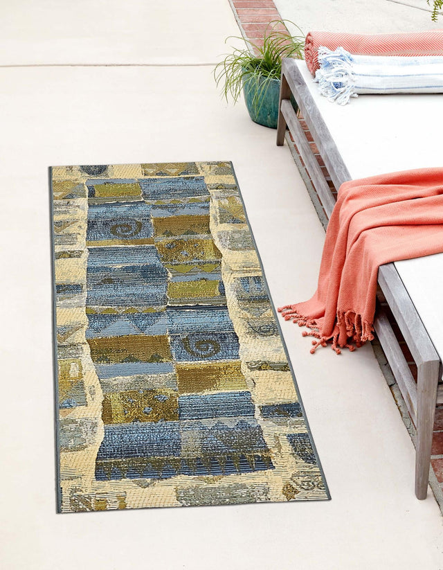 Blue 2' 7 x 5' 3 Outdoor Modern Runner Area Rug Weather Resistant for Patio, Deck, Terrace, Balcony, Porch 100% Polypropylene Modern Outside Carpet for Sale at Rug Engine