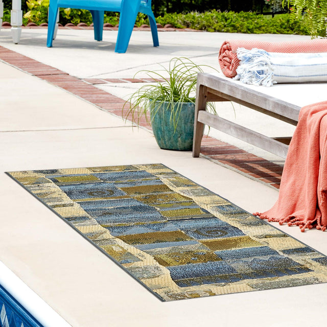 Blue 2' x 6' 1 Outdoor Modern Runner Area Rug Weather Resistant for Patio, Deck, Terrace, Balcony, Porch 100% Polypropylene Modern Outside Carpet for Sale at Rug Engine