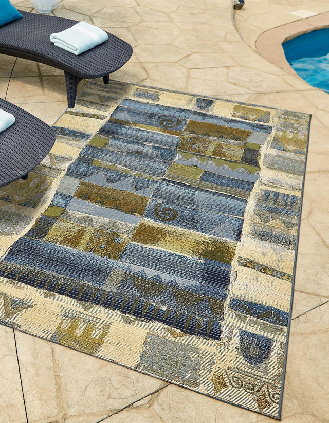 Blue 10' x 12' 2 Outdoor Modern Rectangle Area Rug Weather Resistant for Patio, Deck, Terrace, Balcony, Porch 100% Polypropylene Modern Outside Carpet for Sale at Rug Engine