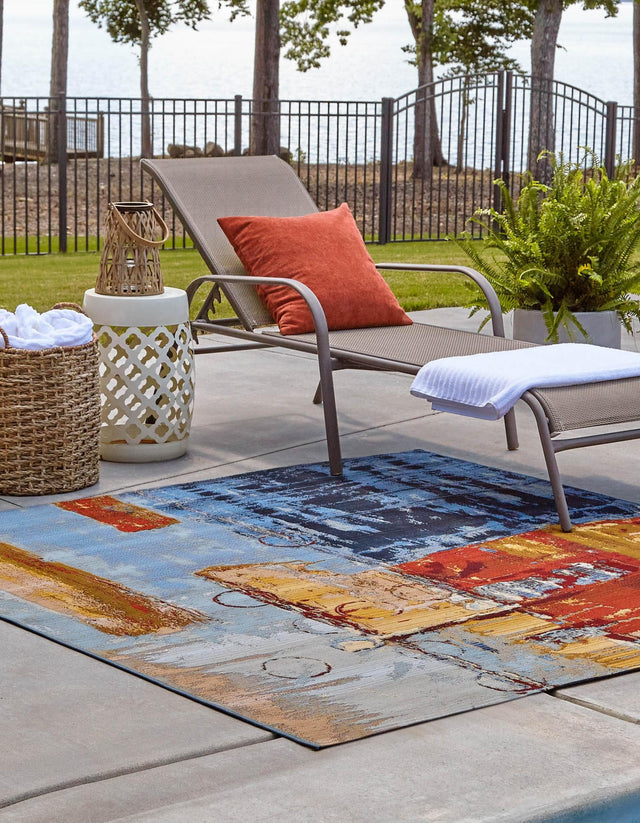 Multicolor 6' 1 x 6' 1 Outdoor Modern Square Area Rug Weather Resistant for Patio, Deck, Terrace, Balcony, Porch 100% Polypropylene Modern Outside Carpet for Sale at Rug Engine