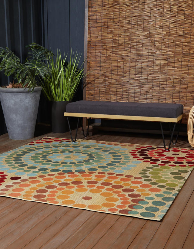 Beige 5' 3 x 5' 3 Outdoor Modern Square Area Rug Weather Resistant for Patio, Deck, Terrace, Balcony, Porch 100% Polypropylene Modern Outside Carpet for Sale at Rug Engine