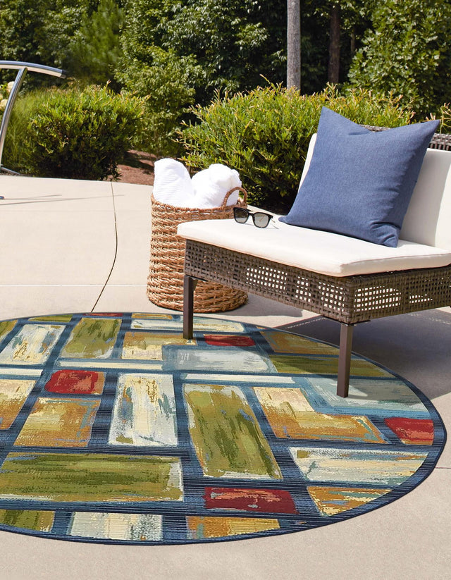 Multicolor 2' 7 x 2' 7 Outdoor Modern Round Area Rug Weather Resistant for Patio, Deck, Terrace, Balcony, Porch 100% Polypropylene Modern Outside Carpet for Sale at Rug Engine