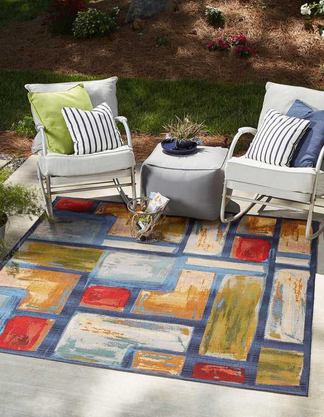 Multicolor 6' 1 x 6' 1 Outdoor Modern Square Area Rug Weather Resistant for Patio, Deck, Terrace, Balcony, Porch 100% Polypropylene Modern Outside Carpet for Sale at Rug Engine