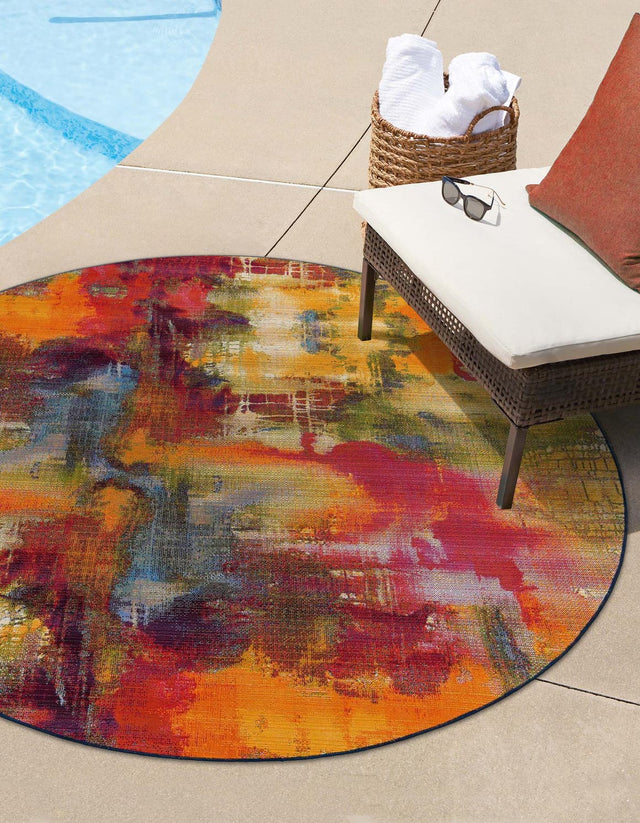 Multicolor 2' 7 x 2' 7 Outdoor Modern Round Area Rug Weather Resistant for Patio, Deck, Terrace, Balcony, Porch 100% Polypropylene Modern Outside Carpet for Sale at Rug Engine
