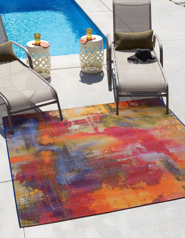 Multicolor 6' 1 x 6' 1 Outdoor Modern Square Area Rug Weather Resistant for Patio, Deck, Terrace, Balcony, Porch 100% Polypropylene Modern Outside Carpet for Sale at Rug Engine