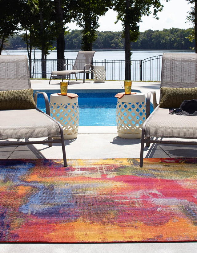 Multicolor 6' 1 x 6' 1 Outdoor Modern Square Area Rug Weather Resistant for Patio, Deck, Terrace, Balcony, Porch 100% Polypropylene Modern Outside Carpet for Sale at Rug Engine