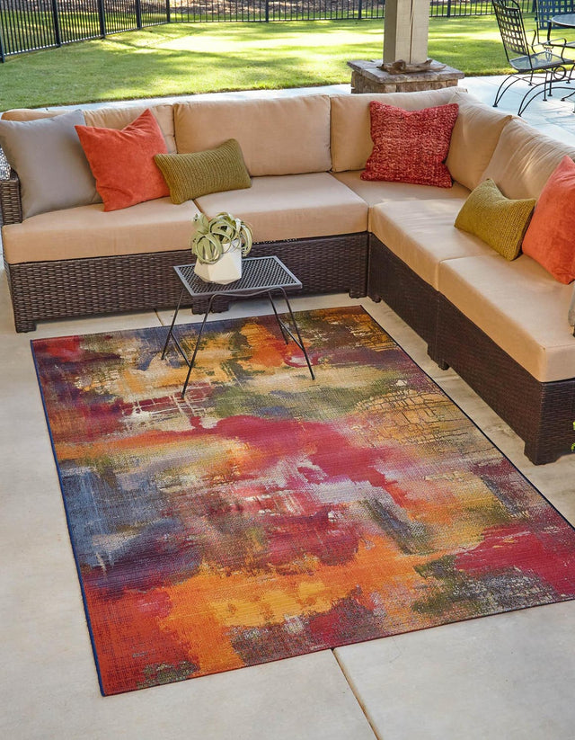 Multicolor 10' x 12' 2 Outdoor Modern Rectangle Area Rug Weather Resistant for Patio, Deck, Terrace, Balcony, Porch 100% Polypropylene Modern Outside Carpet for Sale at Rug Engine