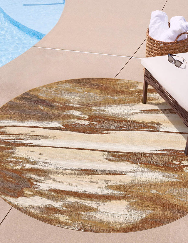 Brown 8' x 8' Outdoor Modern Round Area Rug Weather Resistant for Patio, Deck, Terrace, Balcony, Porch 100% Polypropylene Modern Outside Carpet for Sale at Rug Engine