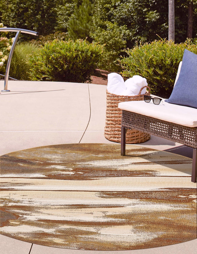 Brown 8' x 8' Outdoor Modern Round Area Rug Weather Resistant for Patio, Deck, Terrace, Balcony, Porch 100% Polypropylene Modern Outside Carpet for Sale at Rug Engine