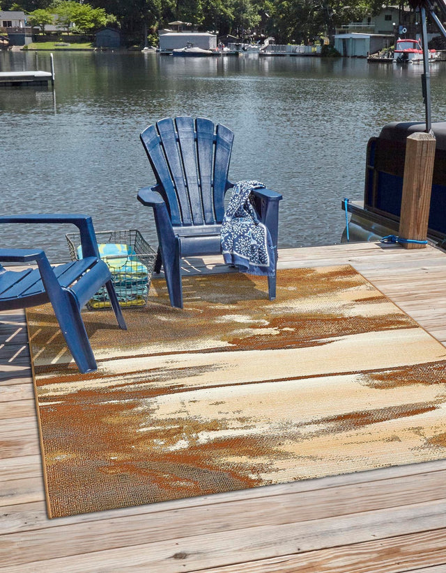 Brown 6' 1 x 6' 1 Outdoor Modern Square Area Rug Weather Resistant for Patio, Deck, Terrace, Balcony, Porch 100% Polypropylene Modern Outside Carpet for Sale at Rug Engine