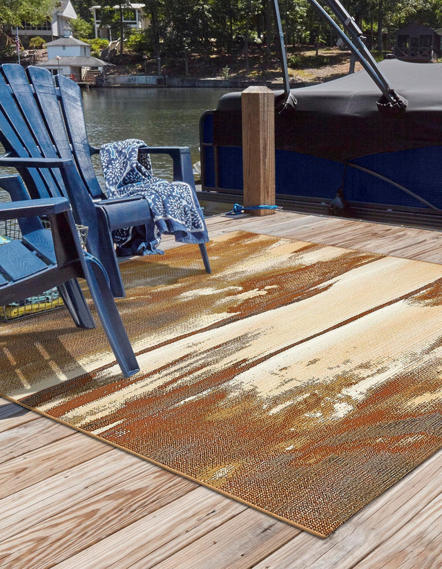 Brown 6' 1 x 6' 1 Outdoor Modern Square Area Rug Weather Resistant for Patio, Deck, Terrace, Balcony, Porch 100% Polypropylene Modern Outside Carpet for Sale at Rug Engine