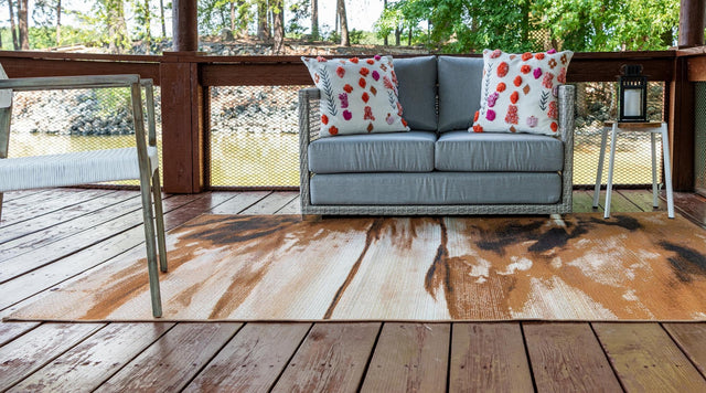 Brown 5' 3 x 8' Outdoor Modern Rectangle Area Rug Weather Resistant for Patio, Deck, Terrace, Balcony, Porch 100% Polypropylene Modern Outside Carpet for Sale at Rug Engine