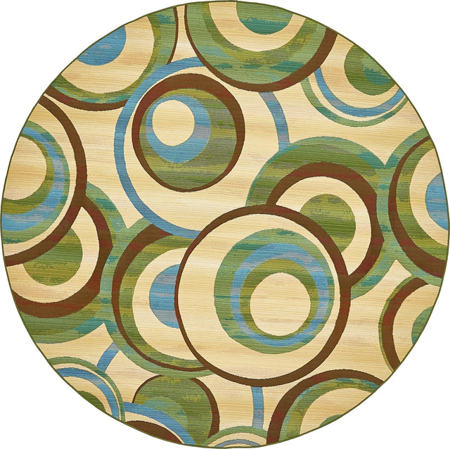 Beige 8' x 8' Outdoor Modern Round Area Rug Weather Resistant for Patio, Deck, Terrace, Balcony, Porch 100% Polypropylene Modern Outside Carpet for Sale at Rug Engine