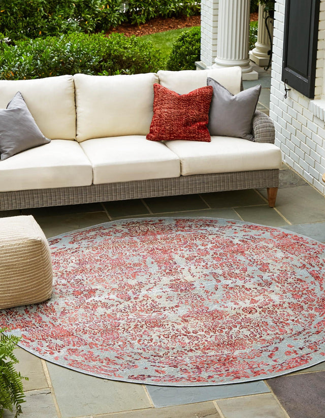 Light Blue 8' x 8' Outdoor Botanical Round Area Rug Weather Resistant for Patio, Deck, Terrace, Balcony, Porch Polypropylene Garden Floral Tropical Carpet for Sale at Rug Engine