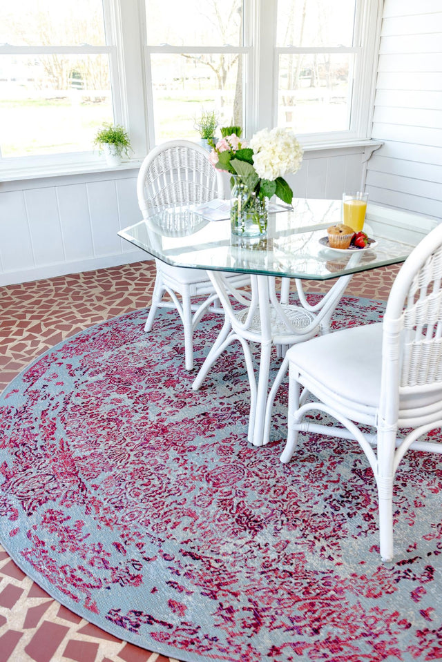 Light Blue 8' x 8' Outdoor Botanical Round Area Rug Weather Resistant for Patio, Deck, Terrace, Balcony, Porch Polypropylene Garden Floral Tropical Carpet for Sale at Rug Engine