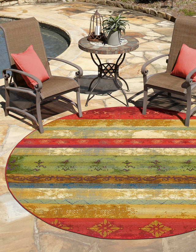 Multicolor 8' x 8' Outdoor Modern Round Area Rug Weather Resistant for Patio, Deck, Terrace, Balcony, Porch 100% Polypropylene Modern Outside Carpet for Sale at Rug Engine