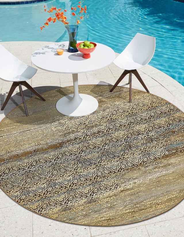 Beige 8' x 8' Outdoor Botanical Round Area Rug Weather Resistant for Patio, Deck, Terrace, Balcony, Porch Polypropylene Garden Floral Tropical Carpet for Sale at Rug Engine
