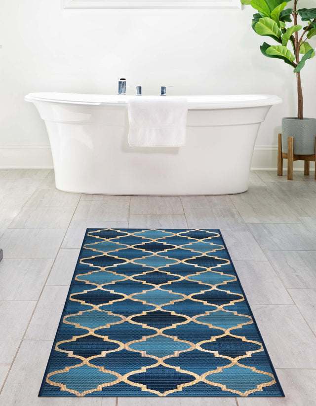 Blue 2' 7 x 5' 3 Outdoor Trellis Runner Area Rug Weather Resistant for Patio, Deck, Terrace, Balcony, Porch Geometric Design Water Safe Outside Carpet for Sale at Rug Engine