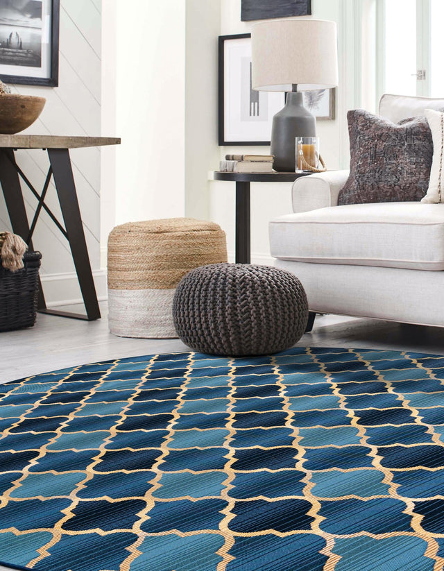 Blue 8' x 8' Outdoor Trellis Round Area Rug Weather Resistant for Patio, Deck, Terrace, Balcony, Porch Geometric Design Water Safe Outside Carpet for Sale at Rug Engine