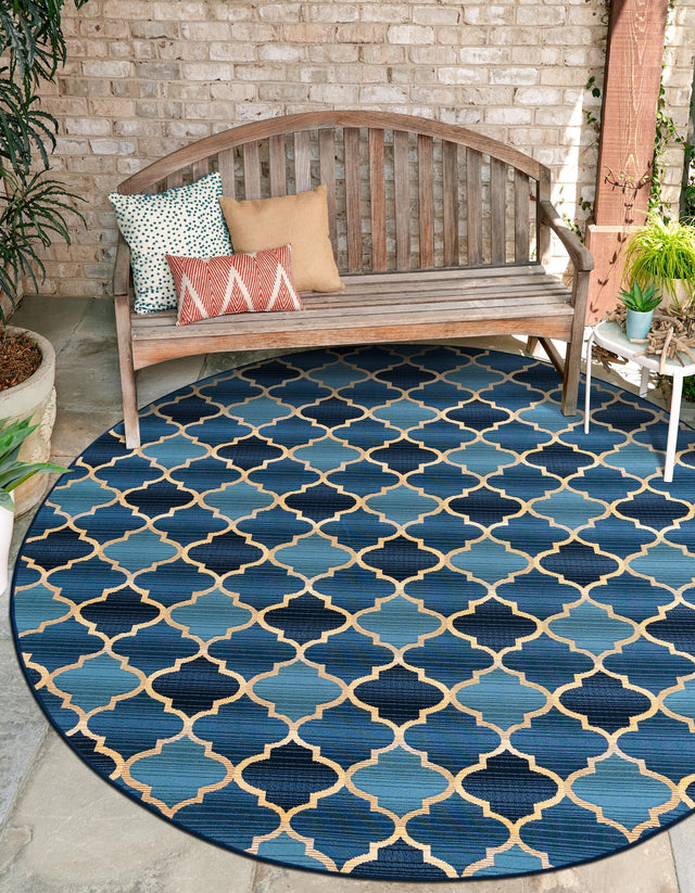 Blue 8' x 8' Outdoor Trellis Round Area Rug Weather Resistant for Patio, Deck, Terrace, Balcony, Porch Geometric Design Water Safe Outside Carpet for Sale at Rug Engine