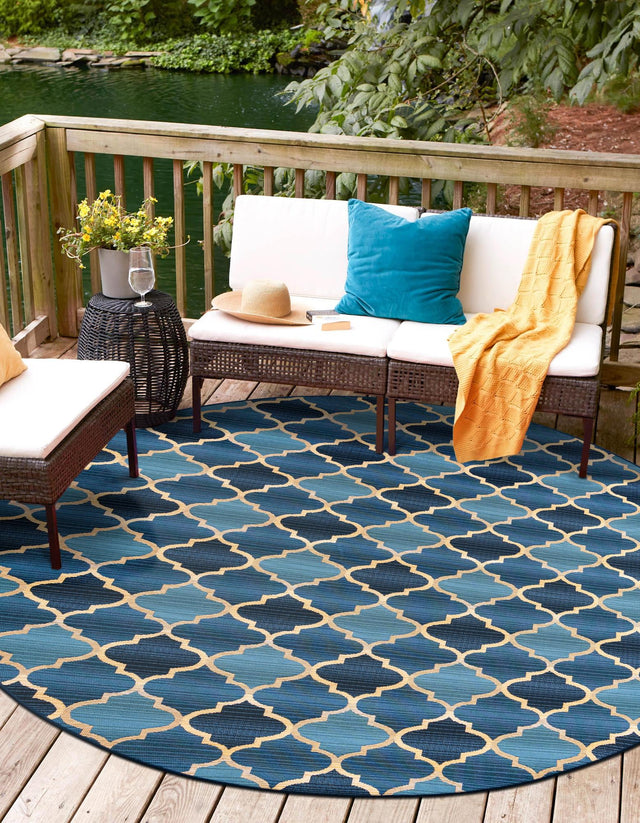 Blue 8' x 8' Outdoor Trellis Round Area Rug Weather Resistant for Patio, Deck, Terrace, Balcony, Porch Geometric Design Water Safe Outside Carpet for Sale at Rug Engine