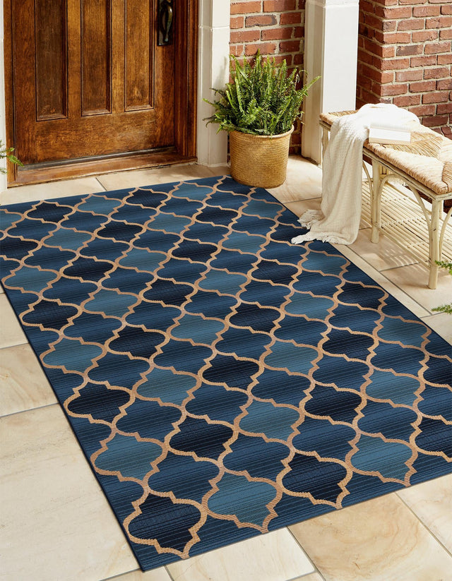 Blue 2' 2 x 3' Outdoor Trellis Rectangle Area Rug Weather Resistant for Patio, Deck, Terrace, Balcony, Porch Geometric Design Water Safe Outside Carpet for Sale at Rug Engine