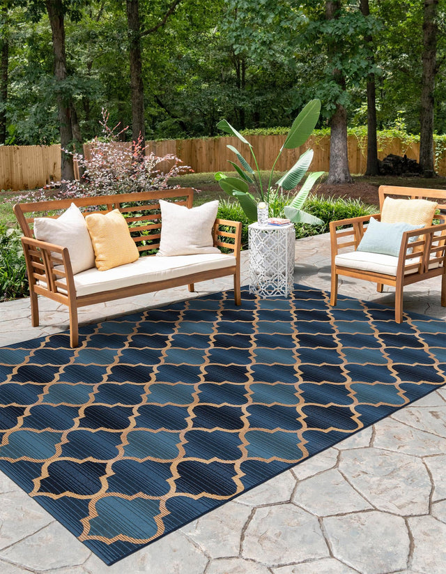 Blue 8' x 11' 4 Outdoor Trellis Rectangle Area Rug Weather Resistant for Patio, Deck, Terrace, Balcony, Porch Geometric Design Water Safe Outside Carpet for Sale at Rug Engine