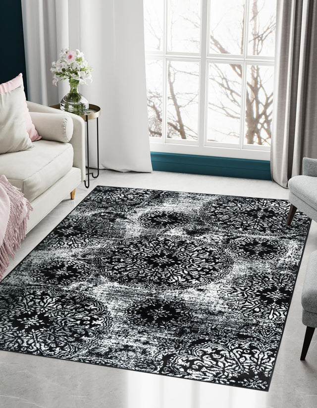Black 6' 1 x 9' Sofia Rectangle Area Rug Durable Easy Clean Stain Resistant Unique Carpet for Affordable Interior Home Design for Sale at Rug Engine