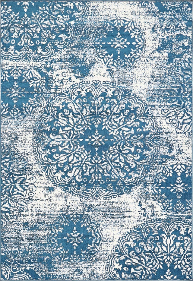 Blue 4' 1 x 6' 1 Sofia Rectangle Area Rug Durable Easy Clean Stain Resistant Unique Carpet for Affordable Interior Home Design for Sale at Rug Engine