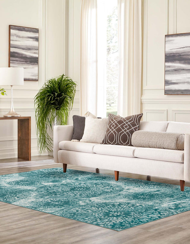 Turquoise 6' 1 x 9' Sofia Rectangle Area Rug Durable Easy Clean Stain Resistant Unique Carpet for Affordable Interior Home Design for Sale at Rug Engine