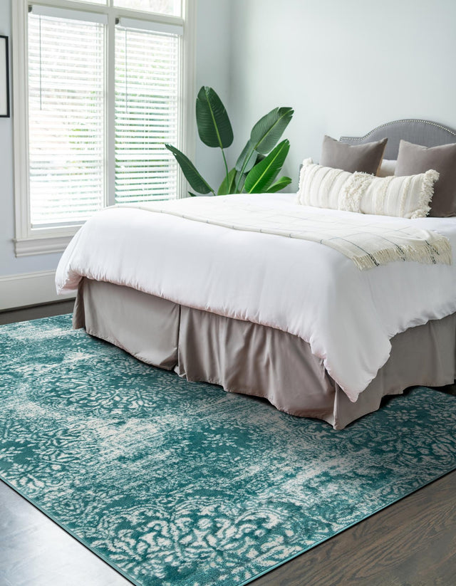 Turquoise 7' 10 x 10' Sofia Rectangle Area Rug Durable Easy Clean Stain Resistant Unique Carpet for Affordable Interior Home Design for Sale at Rug Engine