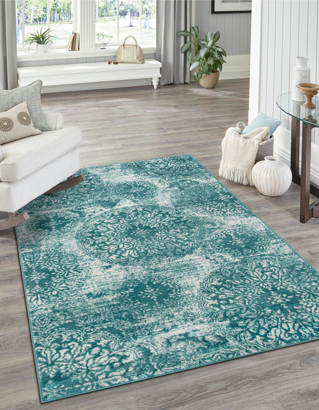 Turquoise 7' 10 x 10' Sofia Rectangle Area Rug Durable Easy Clean Stain Resistant Unique Carpet for Affordable Interior Home Design for Sale at Rug Engine